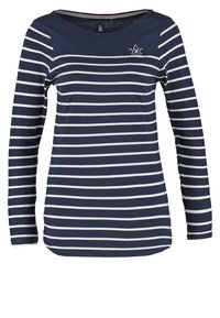 Navy blue long-sleeve shirt with white horizontal stripes and a small triangular logo on the upper left chest.