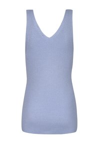 Heled sinise soontega tank top, millel on sügav V-kujuline kaelus ja ilma varrukateta disain, millel on keha külge lõikuv siluett ja tekstuuriga kangas.