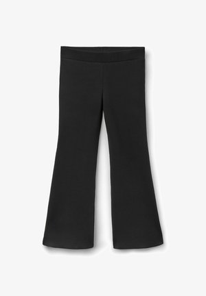 Black flared pants made from a soft, stretchy material. Features a wide waistband and a smooth texture. Flare starts below the knee.