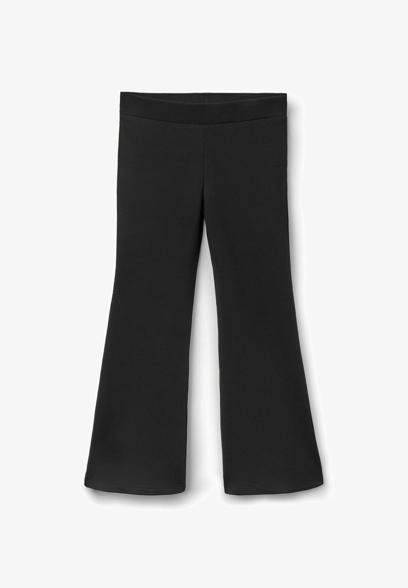 Pantalon évasé noir en tissu doux et extensible. Il dispose d'une taille large et d'une texture lisse. L'évasement commence sous le genou.