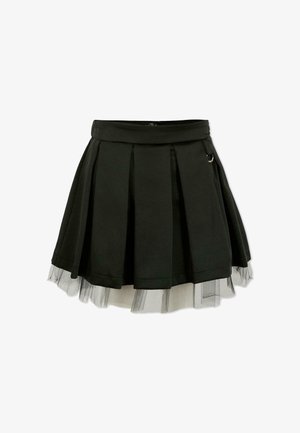 Gonna plissée nera in tessuto morbido, con un bordo in tulle all'orlo e un piccolo dettaglio metallico in vita.
