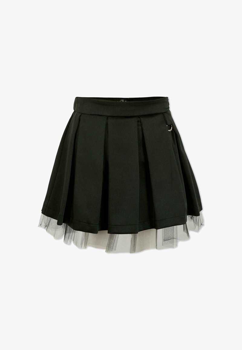 Gonna plissée nera in tessuto morbido, con un bordo in tulle all'orlo e un piccolo dettaglio metallico in vita.