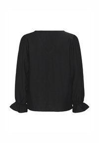 Schwarze Bluse mit einem lockeren Schnitt, ausgestattet mit langen, puffigen Ärmeln und gerafften Bündchen sowie einem V-förmigen Rückenausschnitt. Der Stoff hat eine glatte Textur.