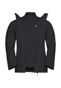 Schwarze wasserdichte Jacke mit hohem Kragen, Reißverschluss vorne, Druckknöpfen und verstellbaren Manschetten. Glatte Textur mit atmungsaktivem Futter.