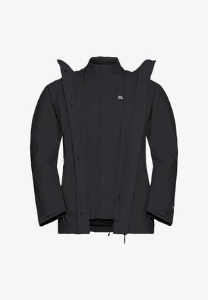 Giacca impermeabile nera con colletto alto, chiusura a zip frontale, bottoni a pressione e polsini regolabili. Texture liscia con fodera traspirante.