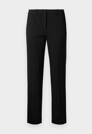 Pantalons droits noirs sur-mesure avec passants de ceinture, pli avant et fermeture discrète sur fond blanc.