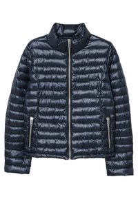Veste matelassée bleu marine avec col montant, fermeture éclair à l'avant et deux poches latérales zippées. Tissu lisse et brillant avec surpiqûres horizontales.