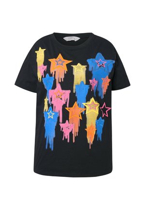 Schwarzes Baumwoll-T-Shirt mit mehrfarbigen tropfenden Sternen in Pink, Blau, Orange und Gelb, mit geschichteten Sterndesigns und einem Rundhalsausschnitt.