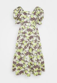 Květinové midi šaty s krátkými puffovanými rukávy, čtvercovým výstřihem, páskem v oblasti pasu a vrstvenou sukní v zeleném, bílém, růžovém a hnědém vzoru.