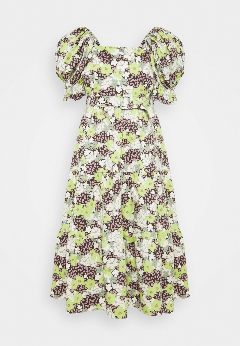 Květinové midi šaty s krátkými puffovanými rukávy, čtvercovým výstřihem, páskem v oblasti pasu a vrstvenou sukní v zeleném, bílém, růžovém a hnědém vzoru.