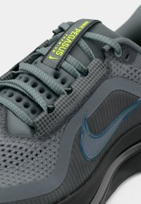 Tenisky Nike Pegasus v šedé sieťovine s textúrovanou špičkou, zelenými akcentmi a ikonickým swooshom. Obsahujú šedé šnúrky a polstrovaný golier.