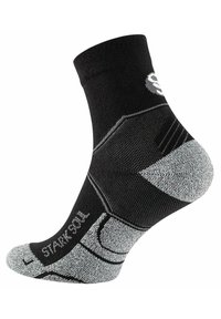 Chaussette de sport noire et grise, mi-mollet, avec rembourrage, soutien de la voûte plantaire et le texte "STACK SOCK" sur le côté.