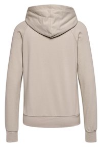 Haut à capuche beige clair en tissu texturé, avec un cordon de serrage et de longues manches raglan. Poignets et ourlet élastiques. Vue de dos présentée.