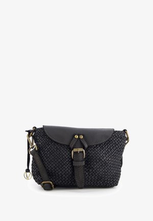 Black woven leather crossbody bag with a curved flap, brass hardware, and adjustable strap. Features a buckle accent and textured body.