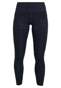 Leggings blu navy con un motivo a stampa leopardata nera. Realizzati in materiale elastico con una vita alta e pannelli laterali neri a contrasto.
