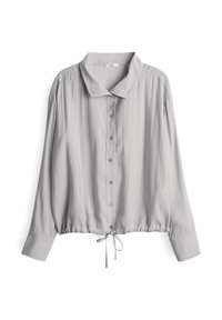 Helle graue Bluse mit langen Ärmeln, rundem Kragen, Knopfverschluss, elastischem Saum und Kordelzugdetails, aus glattem, weichem Stoff gefertigt.