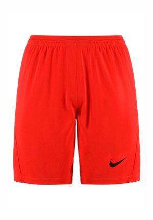Röda sportshorts med elastisk midja, tillverkade av lättviktsmaterial. Har en svart Nike-logotyp på den nedre vänstra sidan.