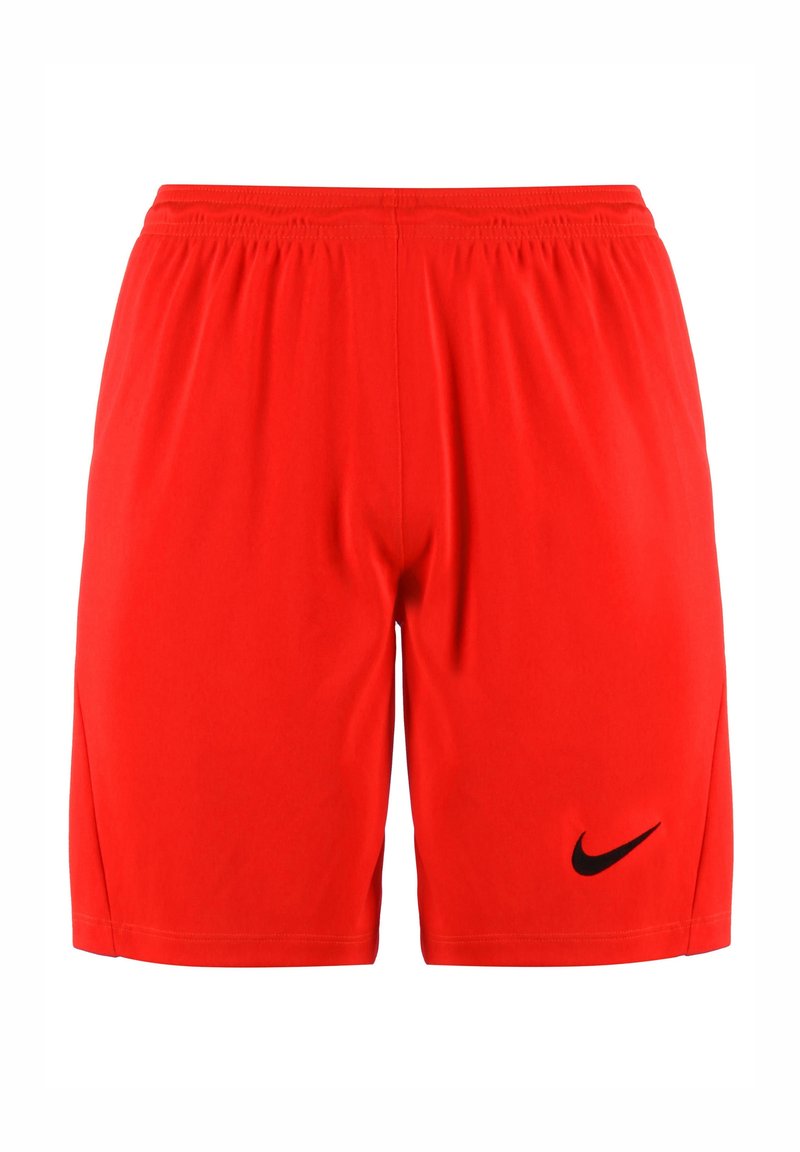 Shorts de sport rouges avec taille élastique, fabriqués en tissu léger. Comprend un logo noir de Nike sur le côté inférieur gauche.