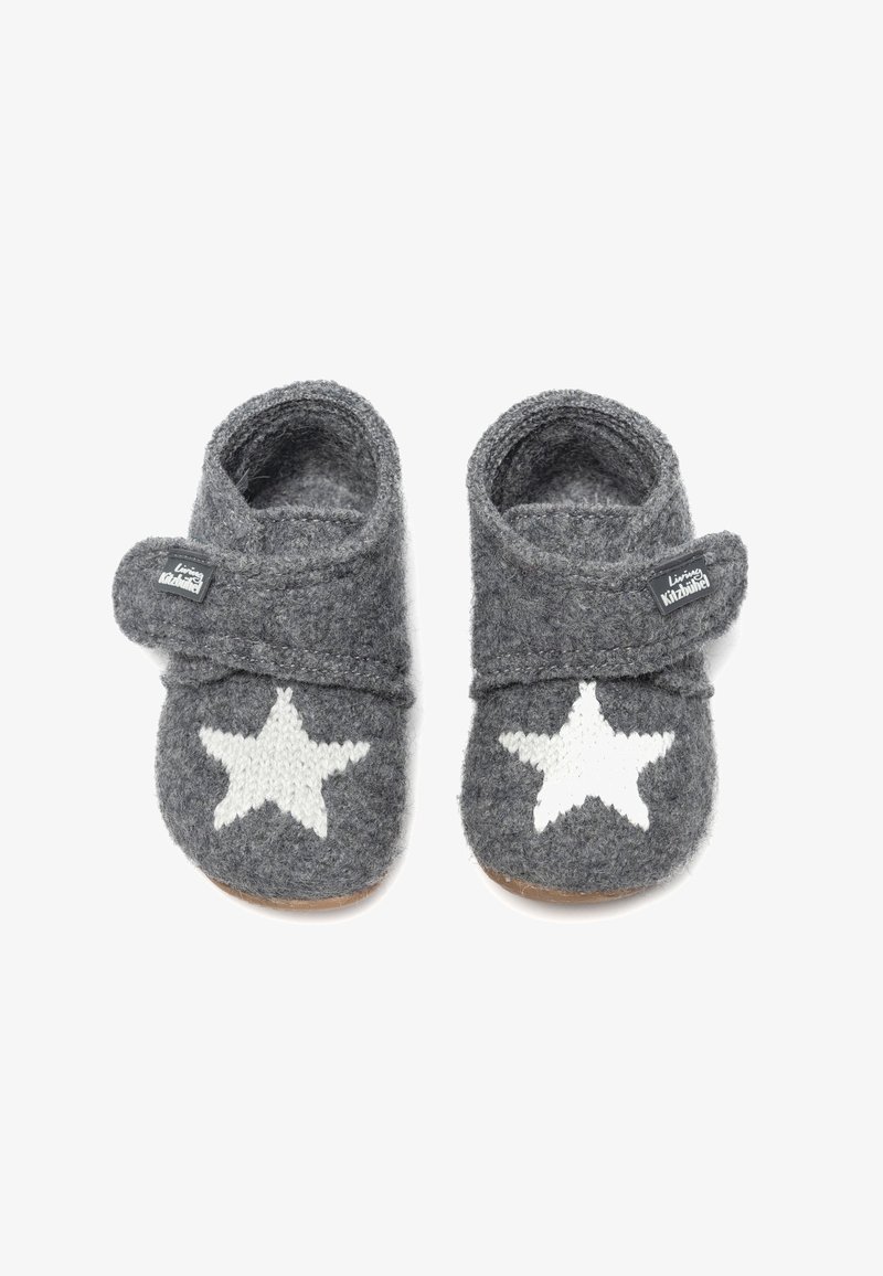 Gray felt slippers with white star patterns, features a velcro strap closure and a soft textured finish. Suitable for indoor use.