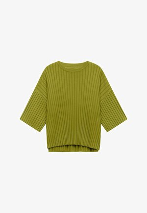 Zielony, prążkowany sweter z okrągłym dekoltem i szerokimi, krótkimi rękawami. Posiada krótki krój i teksturowaną powierzchnię.