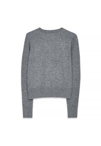 Pull en tricot gris avec un col rond, des manches longues et un design court, présentant une texture douce et un motif uniforme et cohérent.