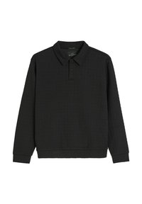 Czarna, długosleeve polo z fakturowanym wzorem, z kołnierzykiem i zapięciem na trzy guziki. Materiał z domieszką bawełny.