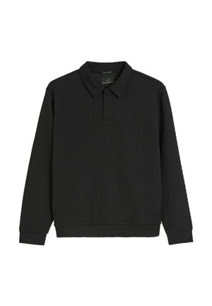 Czarna, długosleeve polo z fakturowanym wzorem, z kołnierzykiem i zapięciem na trzy guziki. Materiał z domieszką bawełny.