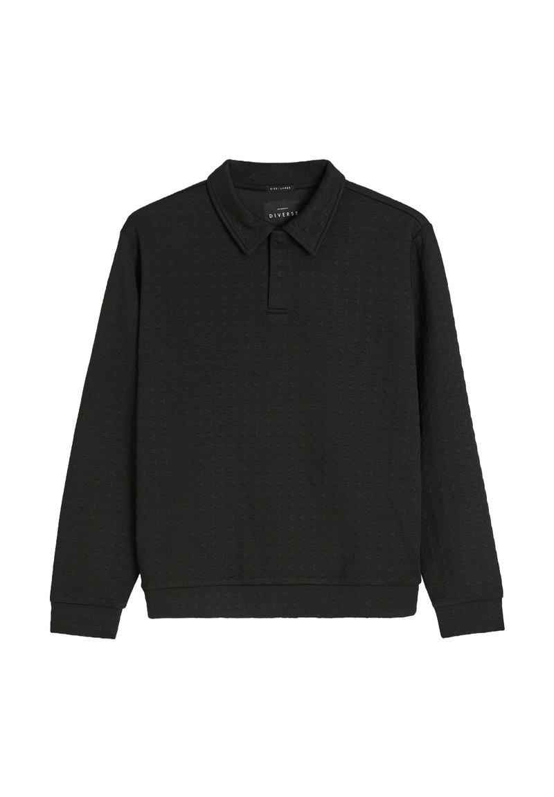Czarna, długosleeve polo z fakturowanym wzorem, z kołnierzykiem i zapięciem na trzy guziki. Materiał z domieszką bawełny.