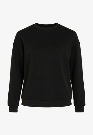 Musta crewneck-sweatshirt pikade varrukatega, ribadest kätised ja hem, valmistatud pehmost kangast. Lihtne, kaunistusteta disain, vabalt langev lõige.