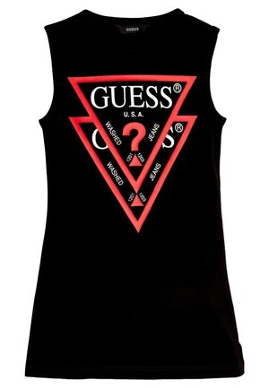 Zwart mouwloos shirt met een groot rood-wit GUESS-logo, bestaande uit overlappende driehoeken en een centraal vraagteken.
