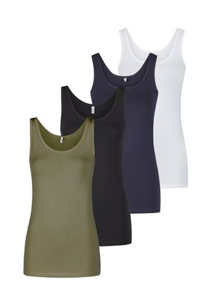 Quattro canotte in verde oliva, nero, blu navy e bianco, con un design aderente, spalline larghe e una texture liscia.