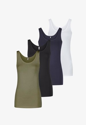 Four tank tops in olive green, black, navy blue, and white, featuring a fitted design with wide shoulder straps and a smooth texture.