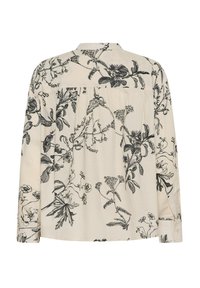 Langærmet skjorte i cremefarvet stof med detaljerede sorte blomster mønstre, en klassisk krave og en plisseret bagdesign.