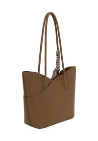 Bruine leren totebag met een gestructureerde vorm, een gladde textuur en twee schouderbanden. Bevat een gemusterde stoffen accent aan de binnenkant.