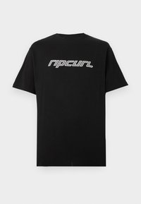 Crna pamučna majica s kratkim rukavima, s istaknutim bijelim "ripcurl" logotipom na prednjem dijelu u podebljanom fontu.