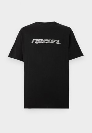 Svart bomull T-skjorte med korte ermer, med en fremtredende hvit "ripcurl" logo over fronten i en fet skrift.