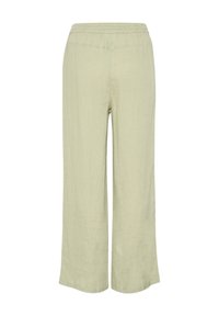 Pantalons larges en lin vert clair avec une taille élastique, présentant une surface texturée et une coupe décontractée. Aucun poches ni matériel visible.