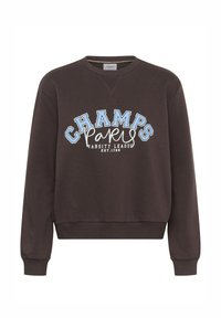Felpa marrone con scollatura tonda, polsini e orlo a costine. Presenta una grafica "CHAMPS PARIS VARSITY LEAGUE EST. 1789" in blu e bianco.