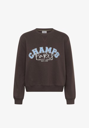 Brun sweatshirt med rund halsudskæring, ribbede manchetter og kant. Har grafikken "CHAMPS PARIS VARSITY LEAGUE EST. 1789" i blå og hvid.