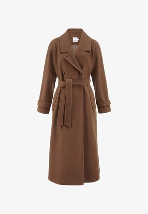 Brauner Wollmantel mit doppelreihigem Design, großem Reverskragen, verstellbarem Gürtel und Klappentaschen. Die Ärmel sind modisch hochgekrempelt.