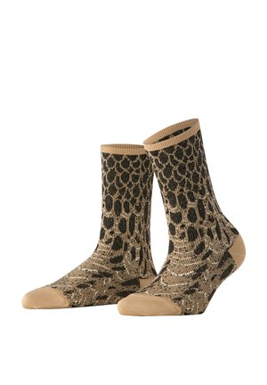 Par midt-kalv sokker med beige og sort leopardmønster, med solide beige tå-, hæl- og manschetteområder.