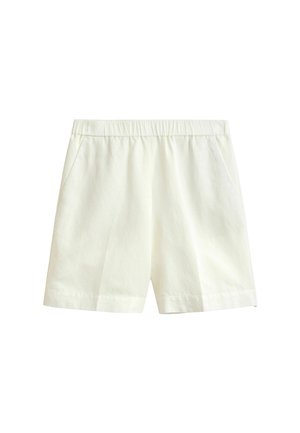 Weiße lässige Shorts mit elastischem Bund und seitlichen Taschen, aus leichtem Stoff gefertigt.