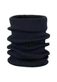 Zwarte geribbelde nekwarmer, gemaakt van rekbaar materiaal. Heeft een ontwerp in een doorlopende lus met een gestructureerd oppervlak en variërende hoogte.