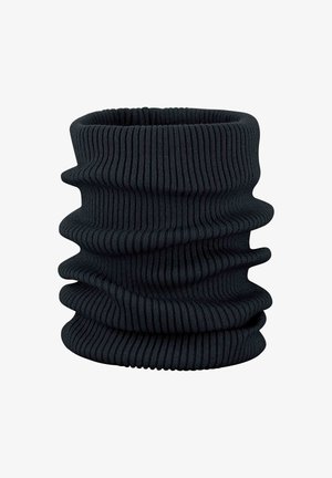 Zwarte geribbelde nekwarmer, gemaakt van rekbaar materiaal. Heeft een ontwerp in een doorlopende lus met een gestructureerd oppervlak en variërende hoogte.