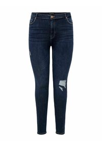 Mörkblå skinny jeans i denim, med slitna hål framtill, fem fickor och knäppning med dragkedja.