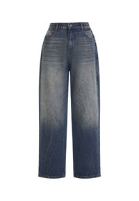 Blå denim byxor med vida ben, en blekt tvätt, hög midja, fem fickor och subtila sömnadsdetaljer på framsidan.