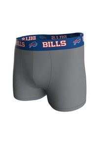 Gray boxer shorts with a blue elastic waistband featuring "BILLS" and a logo in red. The fabric has a smooth texture and fitted design.