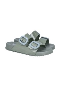 Sandalias de plástico verdes con dos correas anchas y grandes hebillas grises. Suelas texturizadas para un mejor agarre. Acabado suave y brillante.