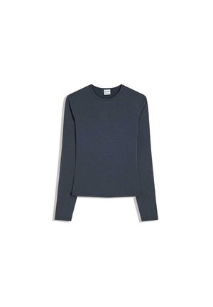 Maglietta grigia scura a maniche lunghe con collo rotondo, realizzata in un tessuto morbido ed elastico. Presenta una silhouette aderente e un design minimalista.