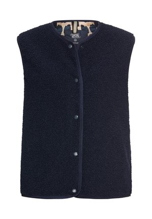 Gilet sans manches bleu marine en molleton texturé, avec une fermeture à pression et une doublure à motifs contrastants à l'intérieur du col.